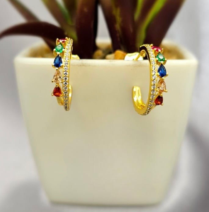 Crown Gold Earrings With Colourful Cubic Zirconia Stones