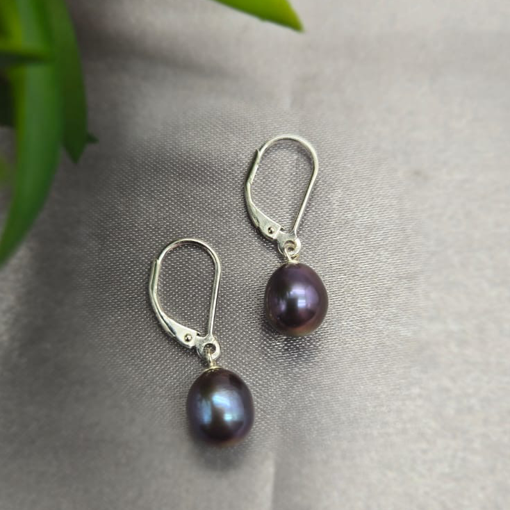 Pair of black pearl earrings on a gray surface with a plant in the background