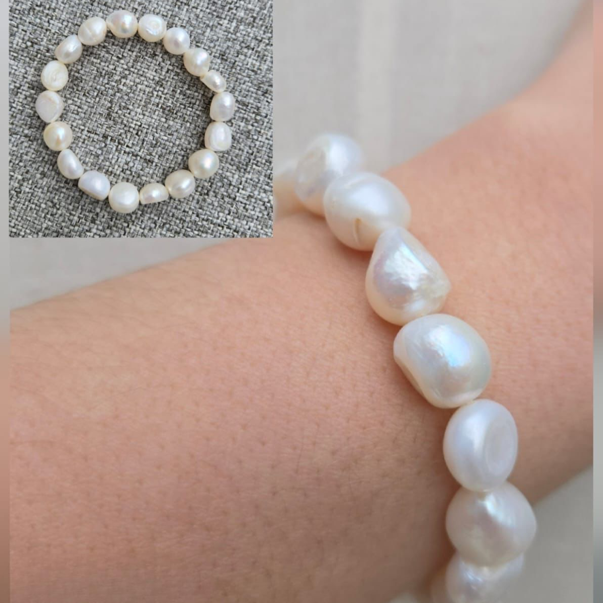 Pearl bracelet on a wrist with a close-up inset showing the beads.