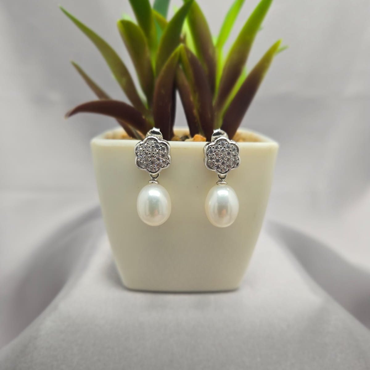 Sterling Silver Flower Pave Pearl Earrings