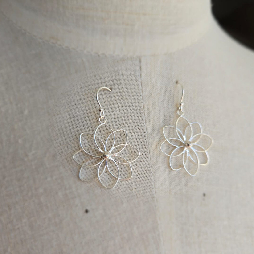 Silver Double Flower Drop Earrings