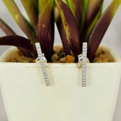 A pair of sterling silver stud earrings with vertical cubic zirconia, displayed in a white pot with green plant leaves.