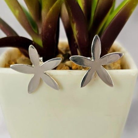 A pair of silver flower stud earrings displayed in a white pot with green plant leaves.