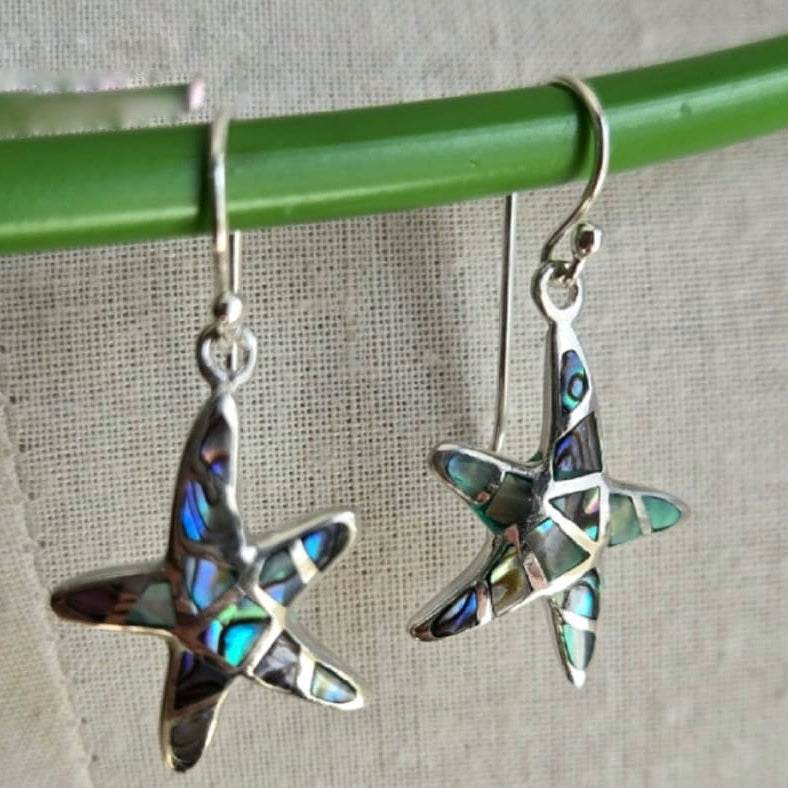Star-shaped earrings with abalone inlay on a green stick against a gray background