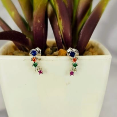 Sterling silver stud earrings with rainbow colored cubic zirconia stones displayed in a white vase with a green plant.