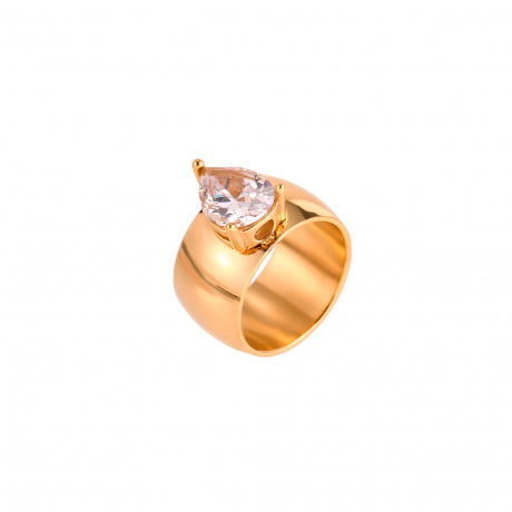 Gold ring with a clear gemstone on a white background