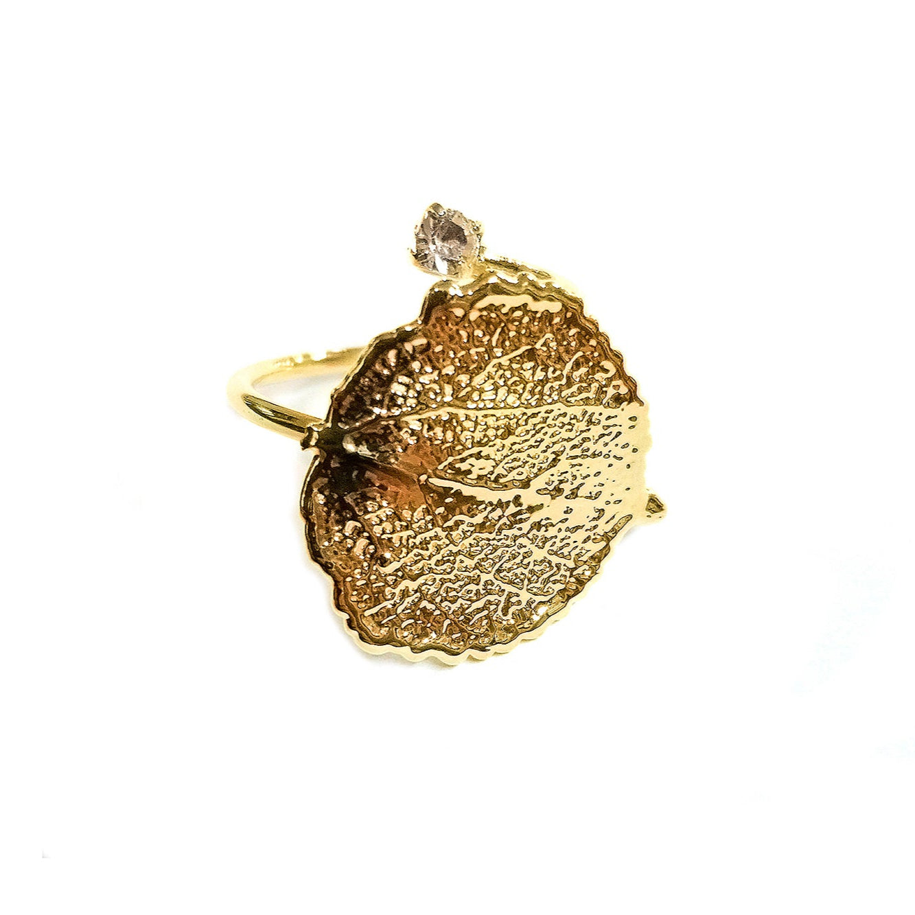 Ester Gold Aspen Leaf Ring with White Swarovski Crystal