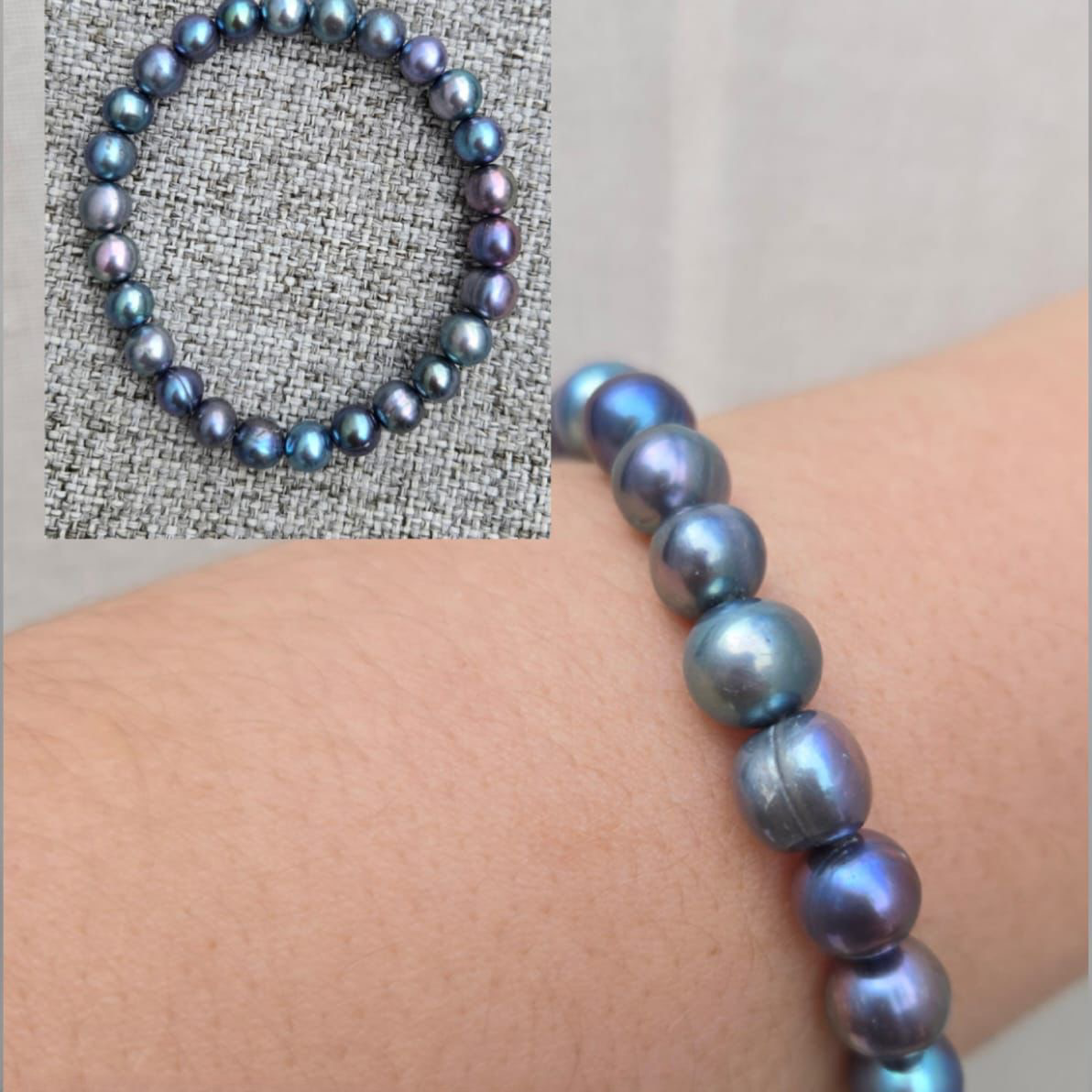 Pearl bracelet on a wrist with close-up inset showing pearls.