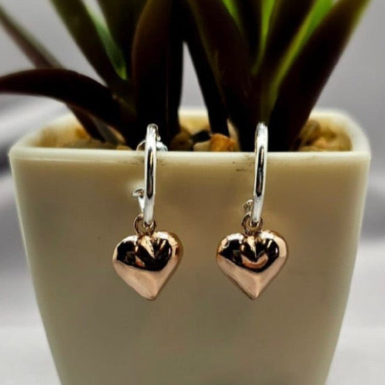 A pair of sterling silver hoop earrings with rose gold plated heart charms, displayed in front of a potted plant.