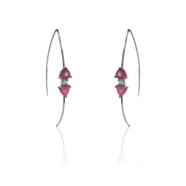 Pair of earrings with pink and green beads on a white background