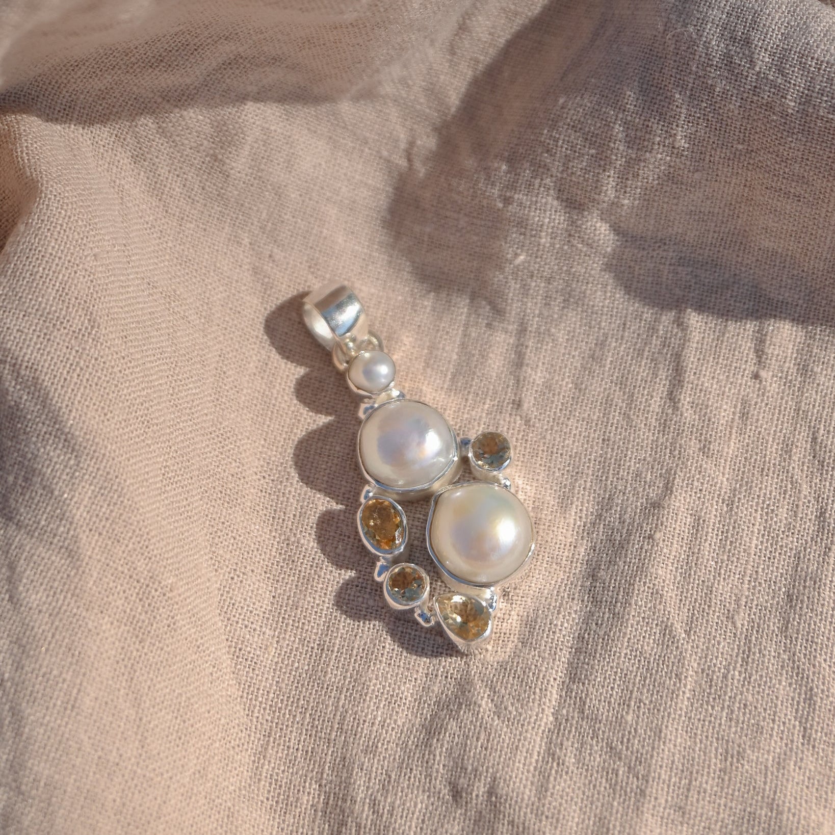 Pendant With Citrine Semi Precious Stones And Freshwater Pearls