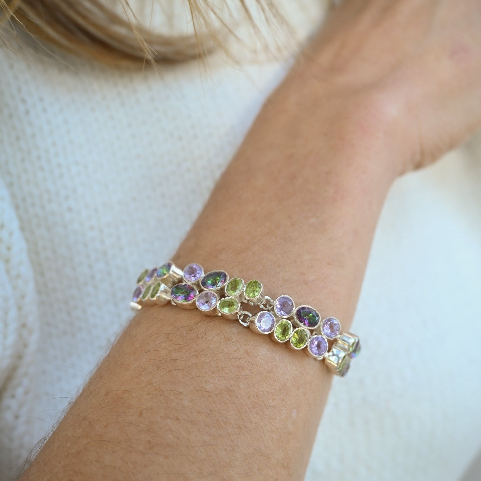 Statement Bracelet With Peridot, Amethyst And Mystic Topaz Semi Precious Stones
