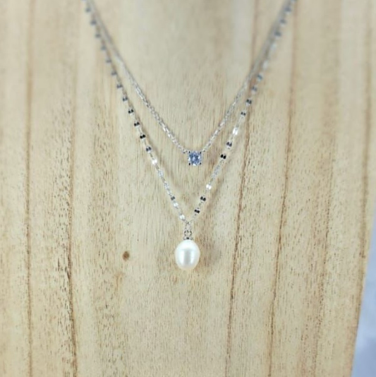 Double layer Sterling silver necklace with cubic zirconia