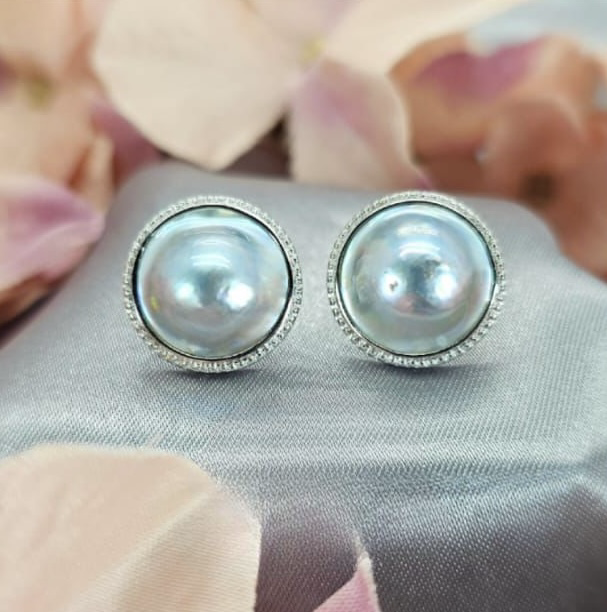 Grey/Blue Blister Mabe pearl earrings
