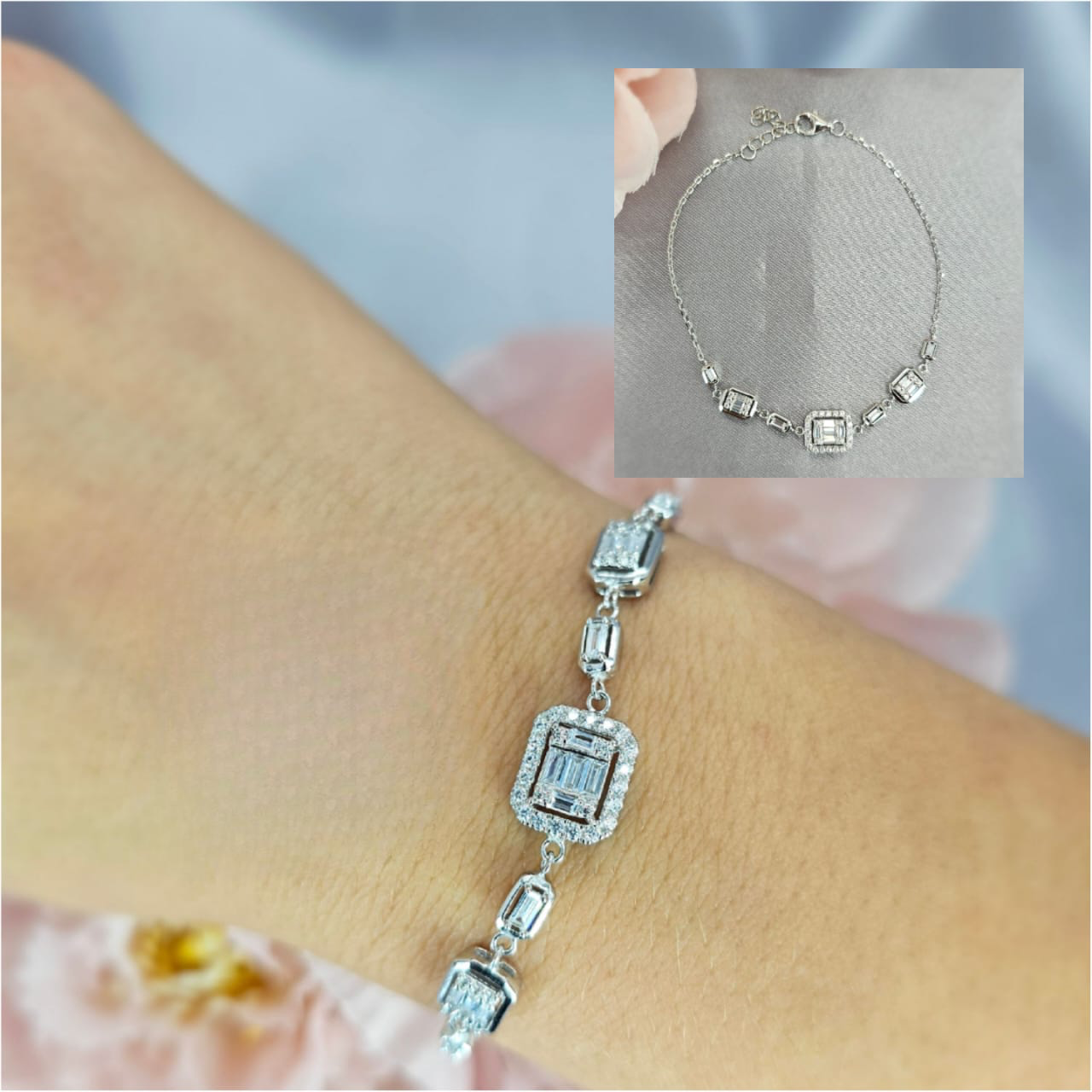 Sterling Silver Bracelet With Beautiful Rectangular Cubic Zirconia Detail