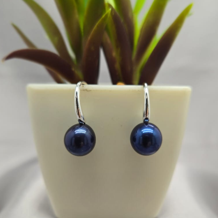 Pair of blue earrings on a white surface with a plant in the background