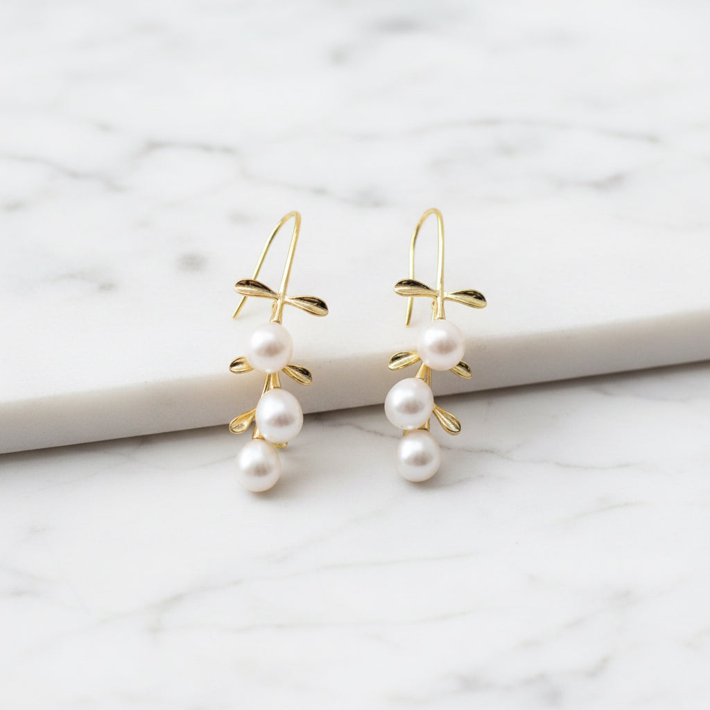 Gold Leaf Drop Earrings With Pearl Drops