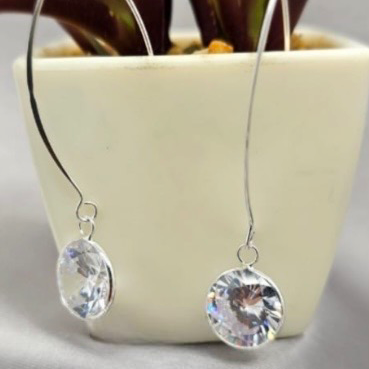 A pair of sterling silver hoop earrings with cubic zirconia drops, displayed in front of a potted plant.