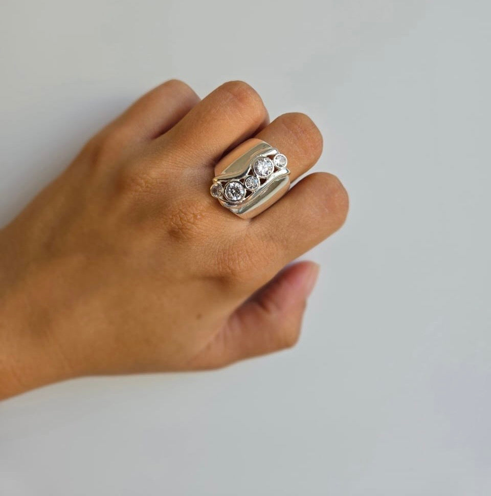 Showstopper Statement Ring With Five Cubic Zirconia Stones In Wave