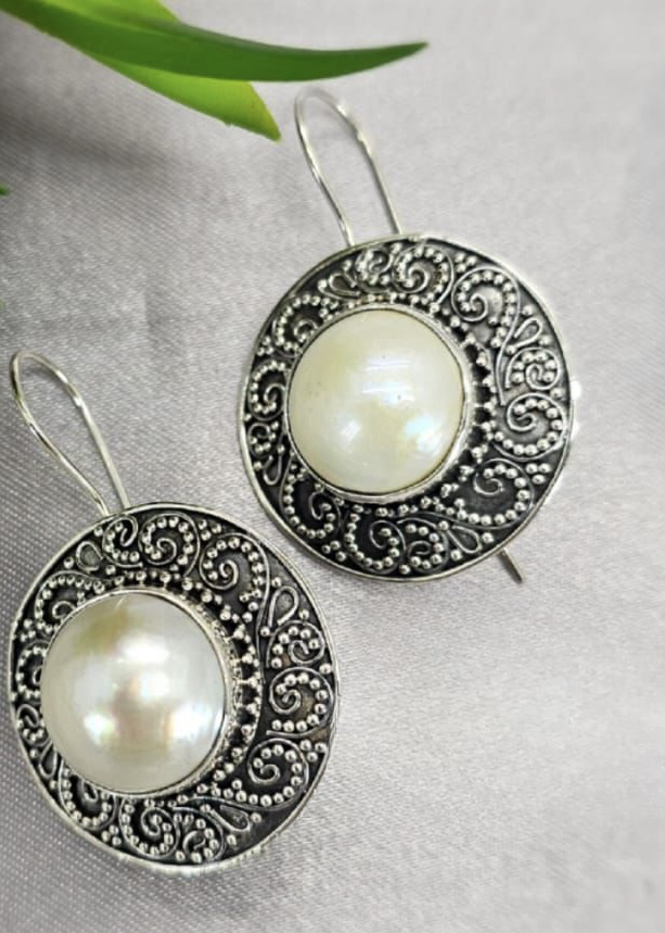 30mm white mabe pearl earrings with stunning filigree setting