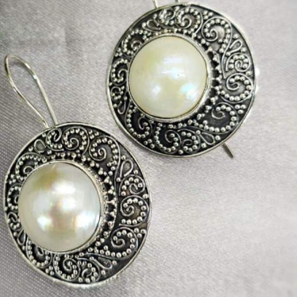 30Mm White Mabe Pearl Earrings With Stunning Filigree Setting