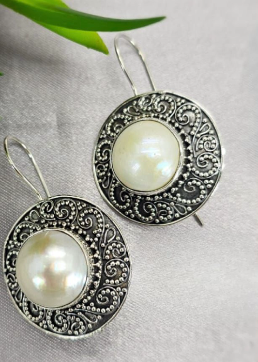 30mm white mabe pearl earrings with stunning filigree setting