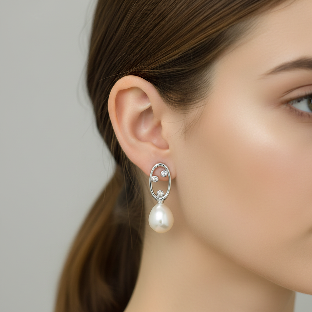 A pair of sterling silver earrings with freshwater pearl drops, displayed in a white vase with a green plant in the background.