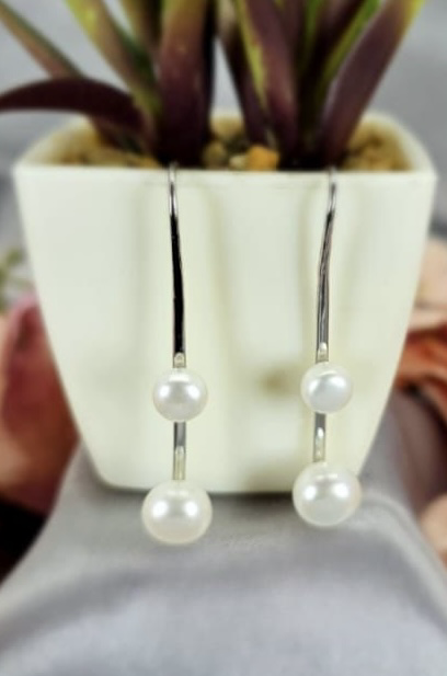 Modern looking long Earring with three freshwater pearls