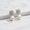 Sterling Silver Flower Pave Pearl Earrings