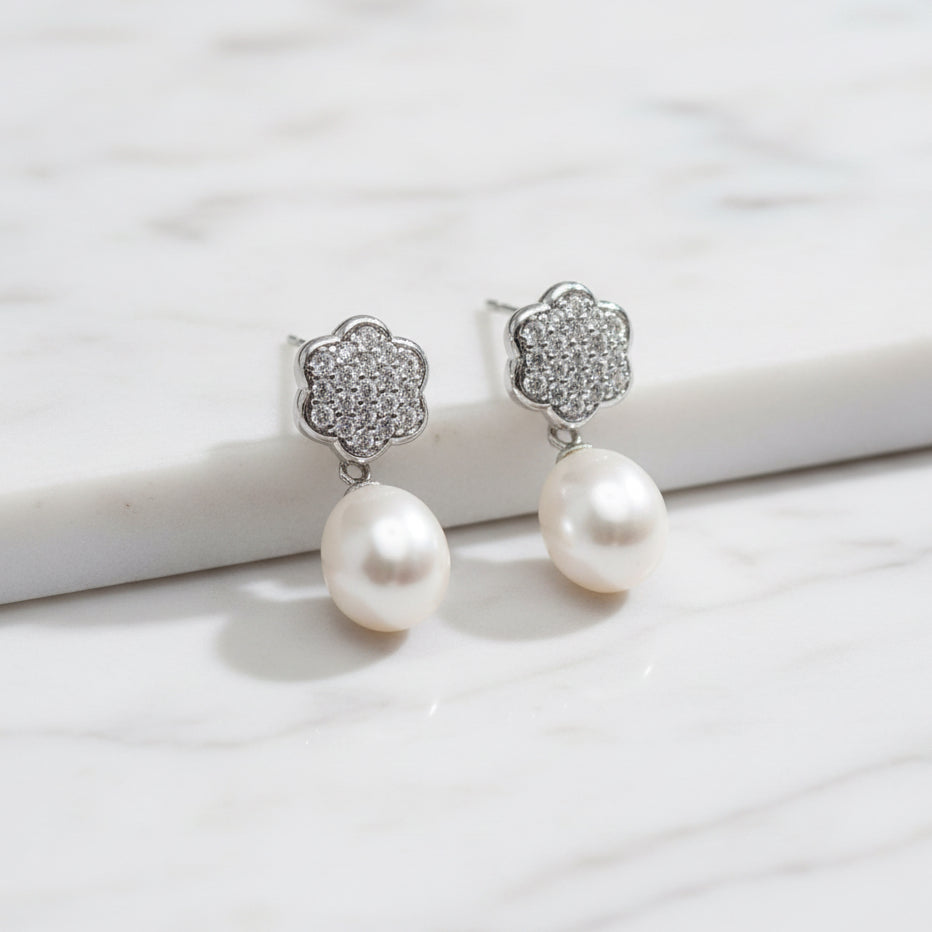 Sterling Silver Flower Pave Pearl Earrings