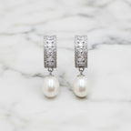 Sterling Silver Drop Earrings With Cubic Zirconia Detail And Freshwater Pearl On End - Terciany 
