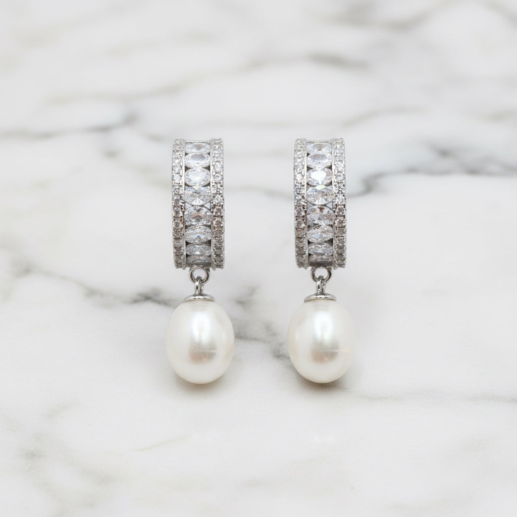 Sterling Silver Drop Earrings With Cubic Zirconia Detail And Freshwater Pearl On End - Terciany 