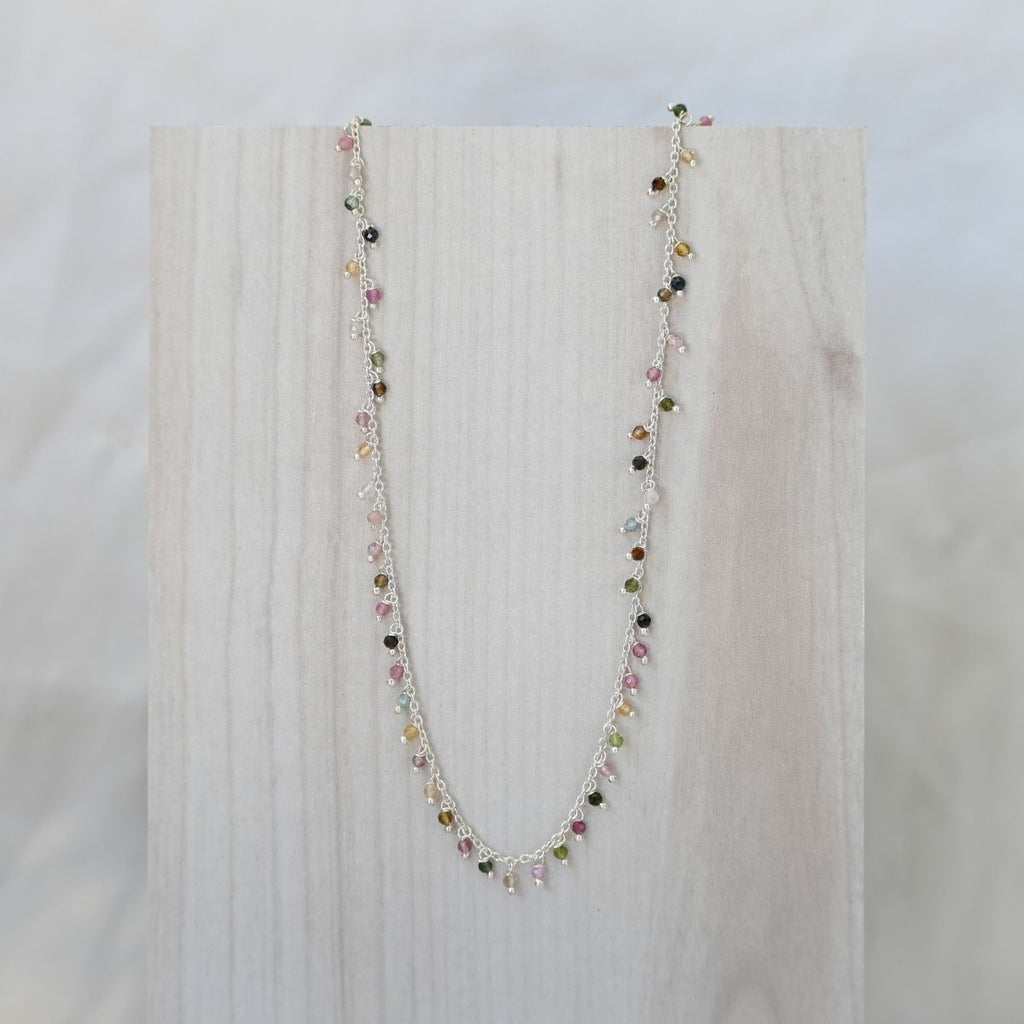 Sterling Silver Necklace With Lots Of Tourmaline Semi Precious Stones Dangling On It - Terciany 