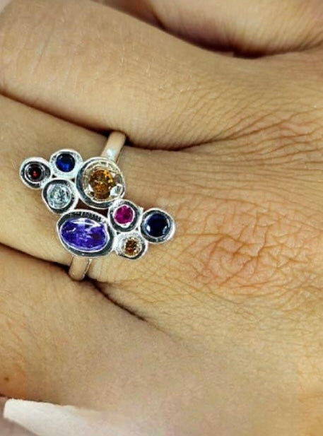 Sterling silver ring with drops of cubic zirconia colourful stones