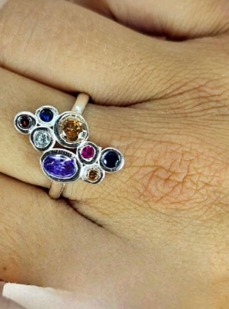 Sterling Silver Ring With Drops Of Cubic Zirconia Colourful Stones
