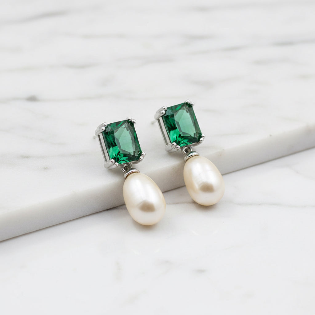 Sterling Silver Drop Earring With Emerald Cubic Zirconia And Freshwater Pearl On End