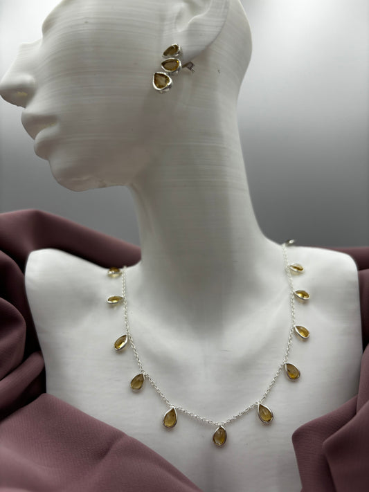 Citrine semi presious stone drops on sterling silver necklace