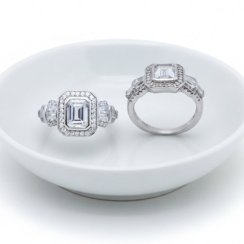 Sterling Silver Rectangular Cubic Zirconia Ring - Terciany 