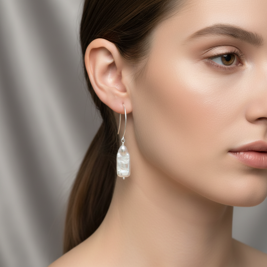 A pair of rectangular white freshwater pearl earrings with sterling silver hooks, displayed on a textured surface.