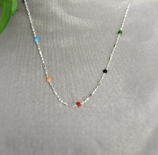 Sterling Silver Necklace With Rainbow Coloured Dots