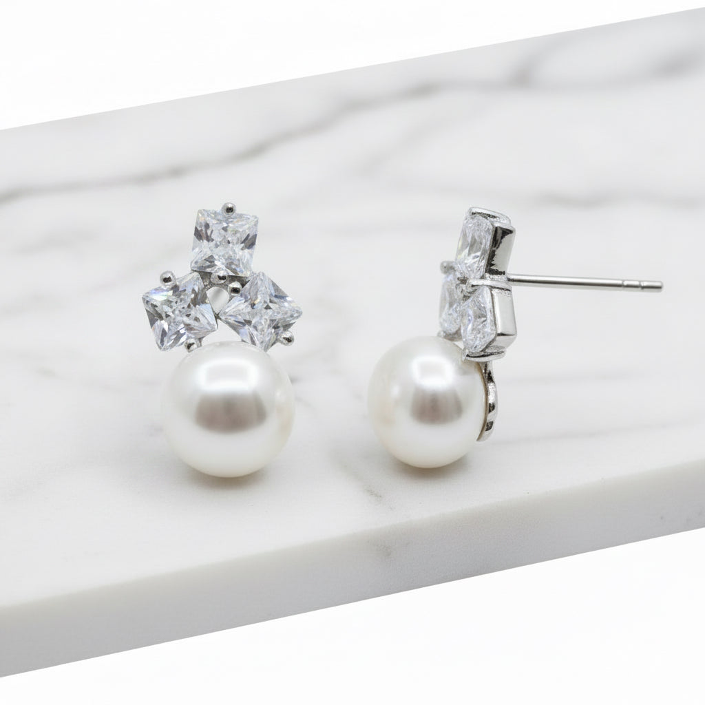Freshwater Pearl Earrings With Cubic Zirconia Trio On Top