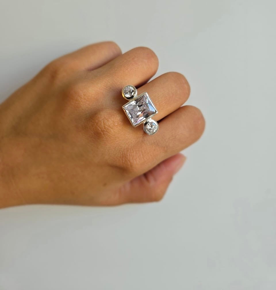 Sterling Silver Ring With Large Square Cubic Zirconia As Well As Two Round Ones
