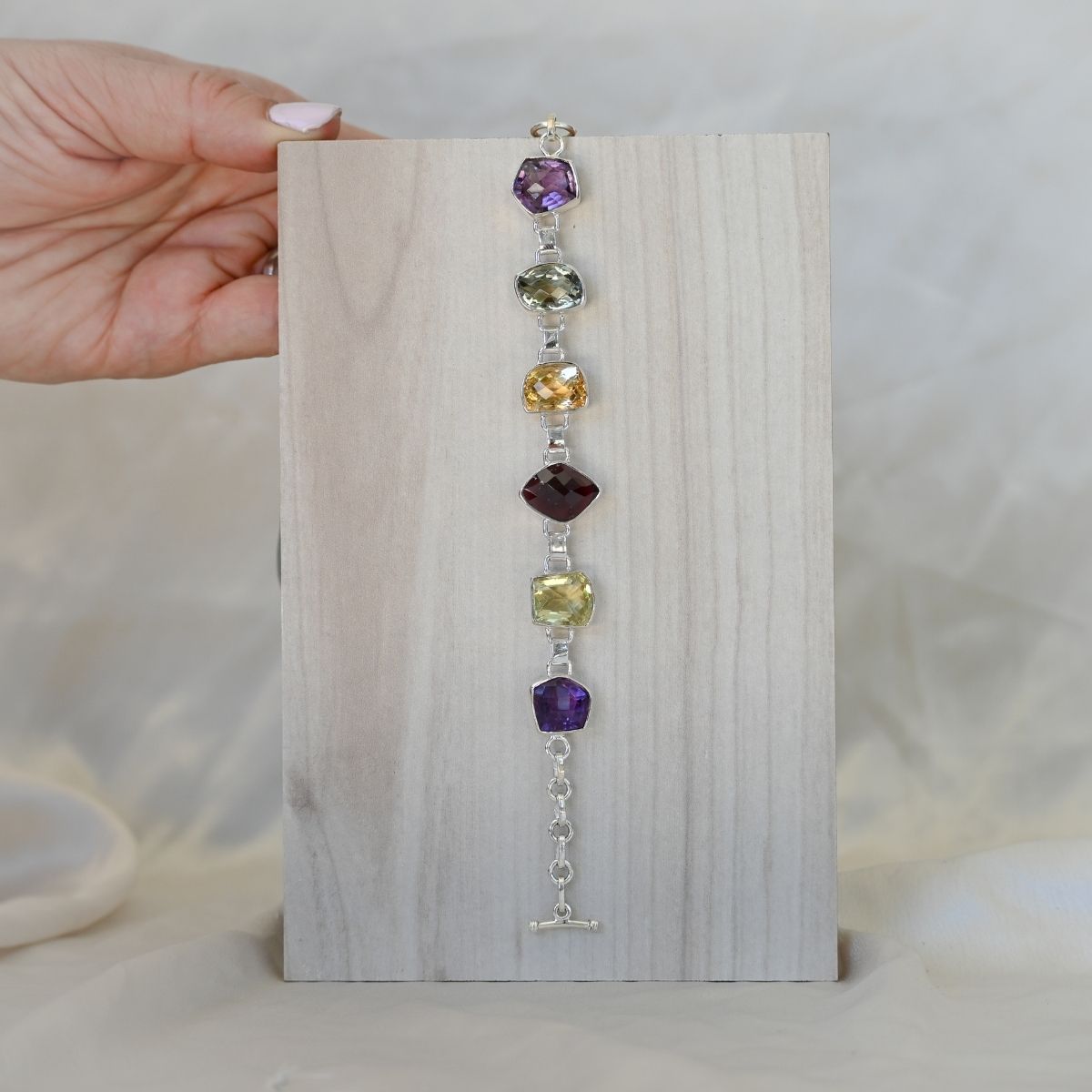 Mixed shaped and coloured semi precious stone bracelet