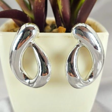 A pair of sterling silver oval statement earrings displayed in front of a potted plant.