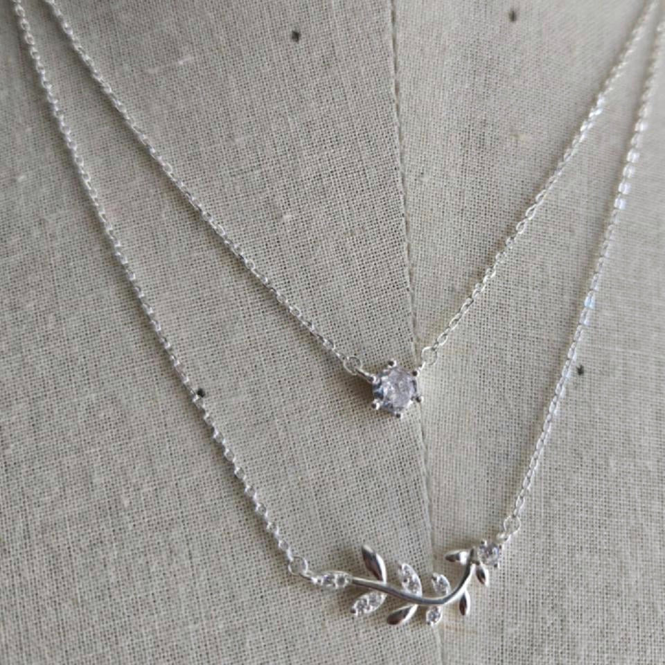 Double Layer Necklace With Leaves And Cubic Zirconia - Terciany 