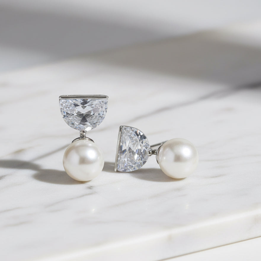 Freshwater Pearl Drop Earrings On Half Circle Cubic Zirconia Top