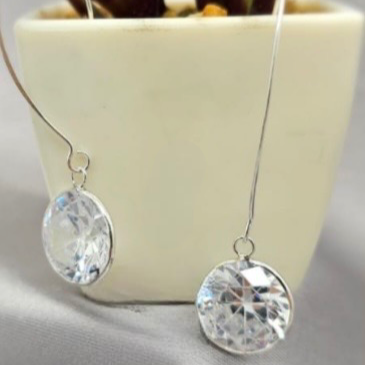 A pair of sterling silver drop earrings with round cubic zirconia crystals, displayed in front of a potted plant.