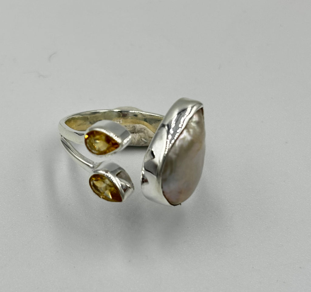 Pearl And Citrine Open Size Ring