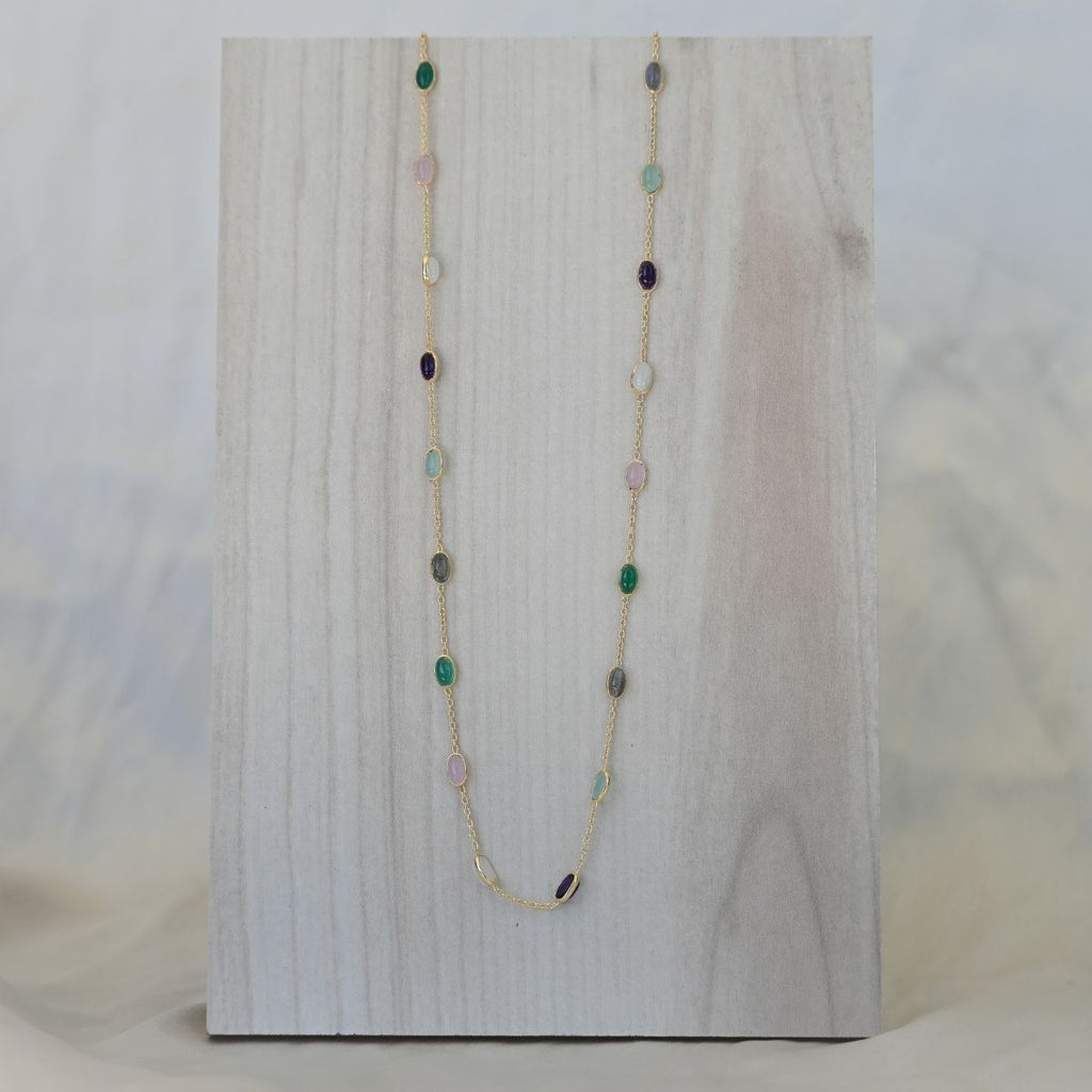 Gold Necklace With Different Coloured Semi Precious Stones In Necklace