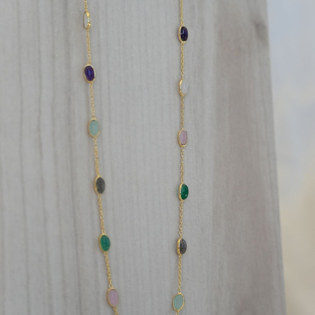 Gold Necklace With Different Coloured Semi Precious Stones In Necklace